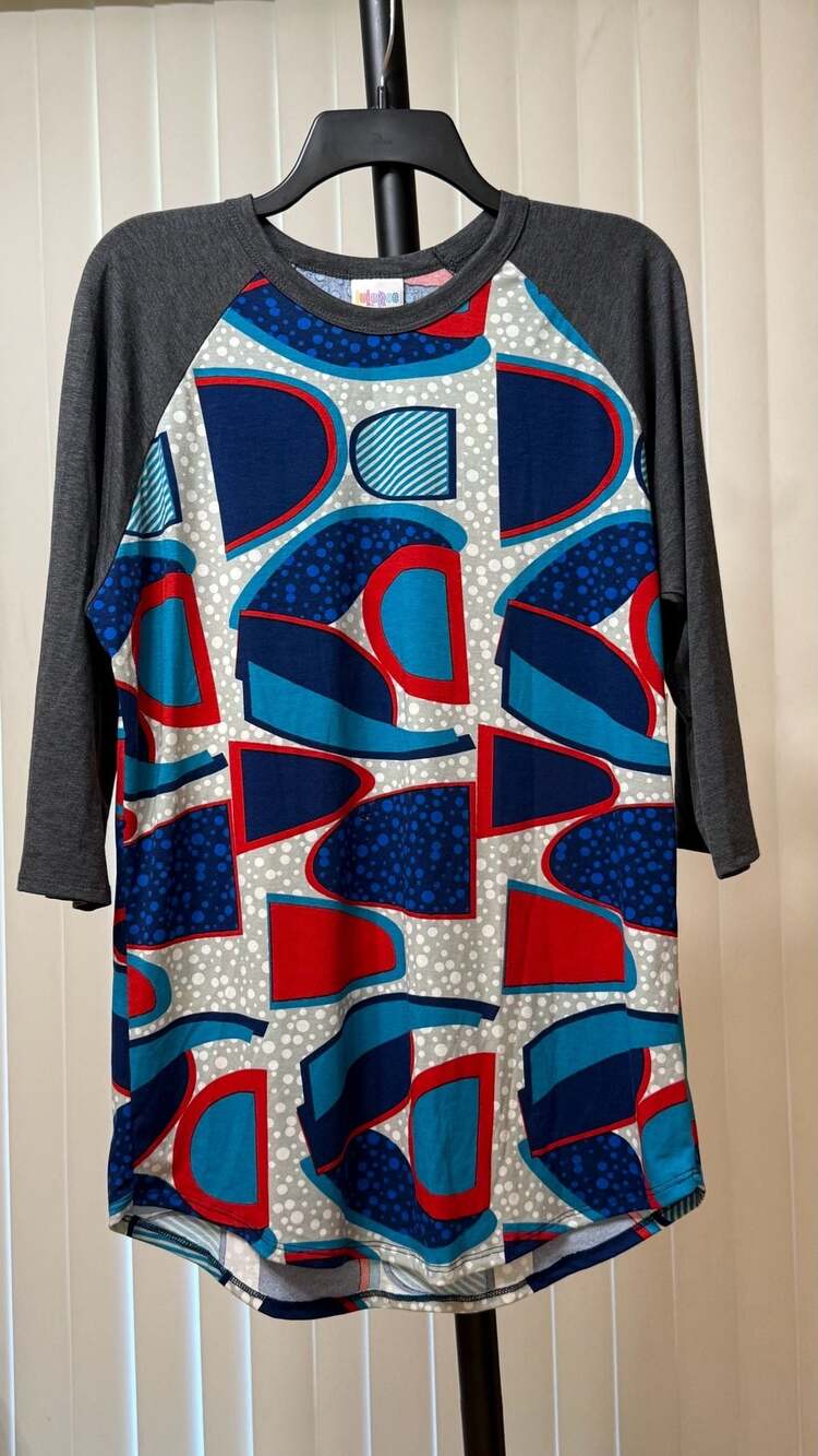 LuLaRoe Randy Raglan Baseball Tee Size XL Red Blue Abstract Geometric Print